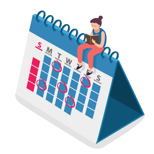 A girl reading a book sitting on top of a calendar which has certain dates circuled